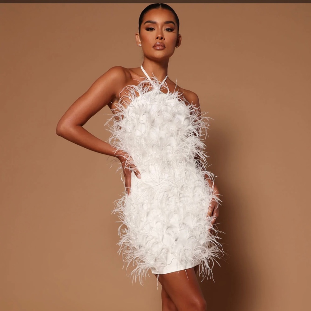 Feather white mini dress